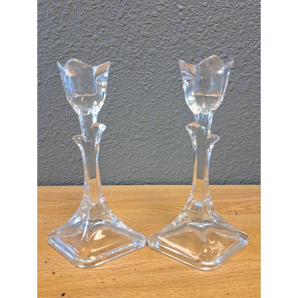 Vtg Lot Of‎ 2 Tuscany Crystal Glass Candle Holders Tulip Flower  8" A1